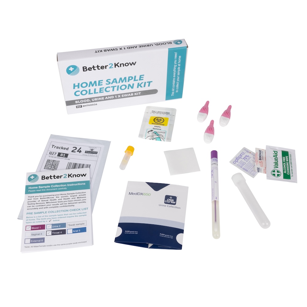 components of a blood, swab and urine home sample collection kit