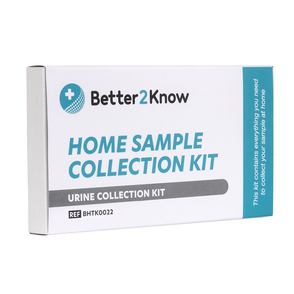 urine home sample collection kit box on a slant